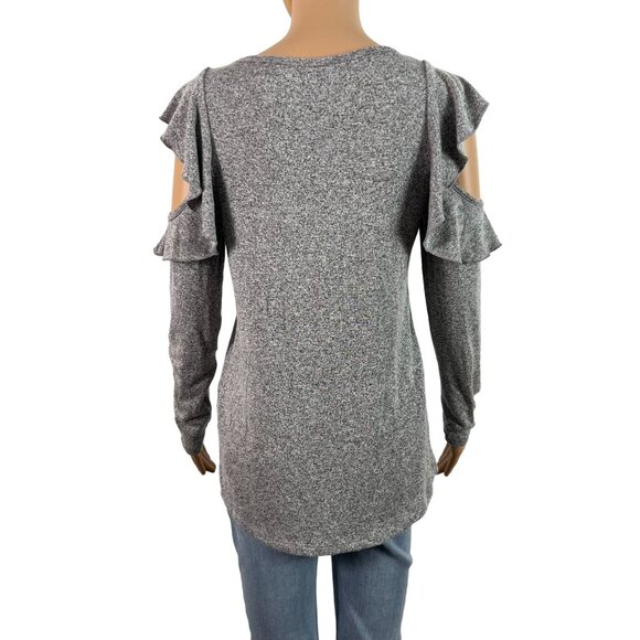 🟣🟣🟣 PLEIONE Women's Size Extra Small Gray Crew Neck Cold Shoulder Sweater - Picture 4 of 8